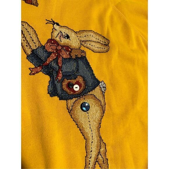Vintage Hanes USA Yellow Cross Stitch Handmade Easter Bunny Crewneck Sweater XL - Picture 5 of 8